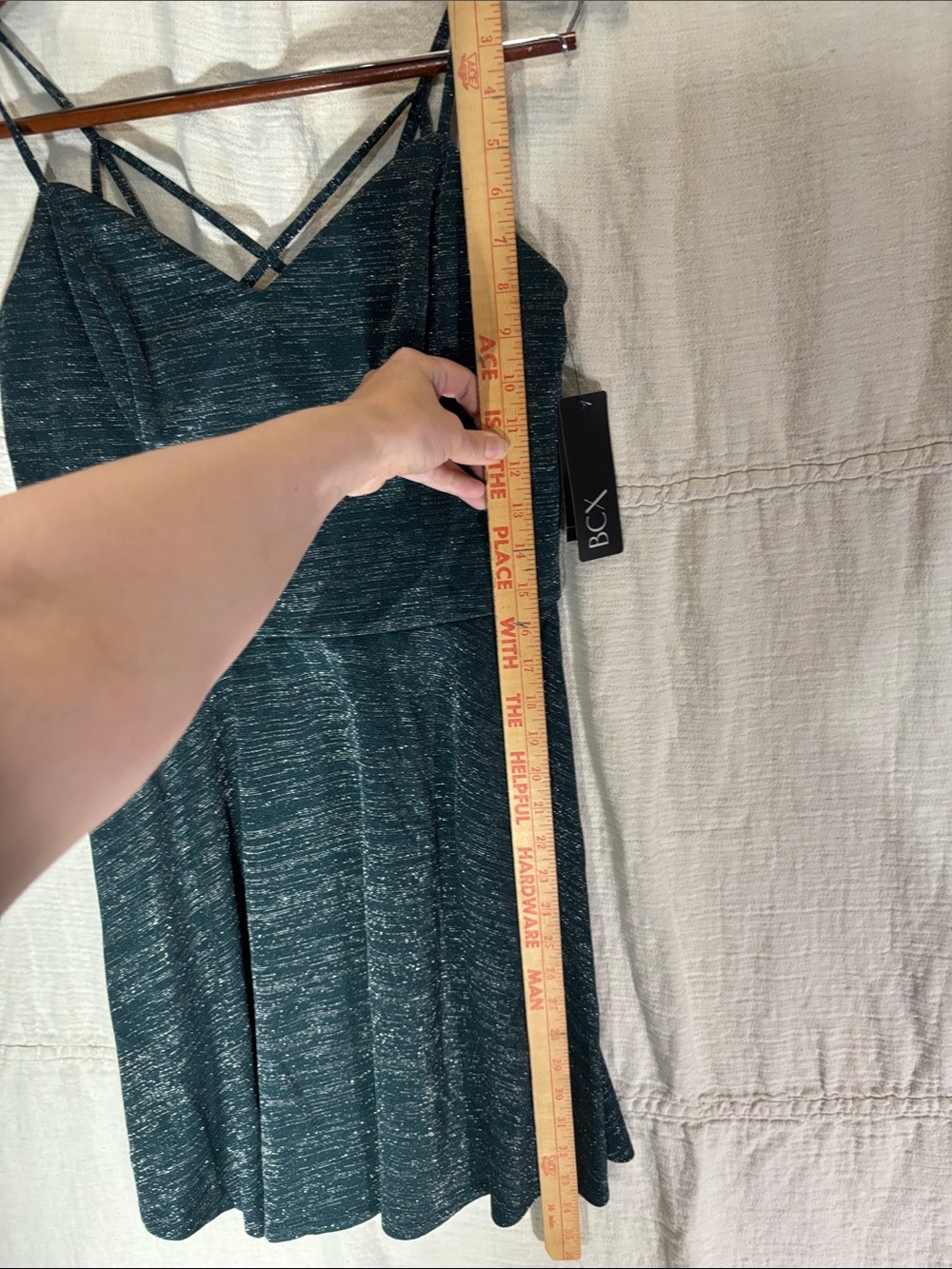 BCX Hunter Green Shimmer Strappy Fit-and-Flare Mini Dress Spaghetti straps - Picture 8 of 9